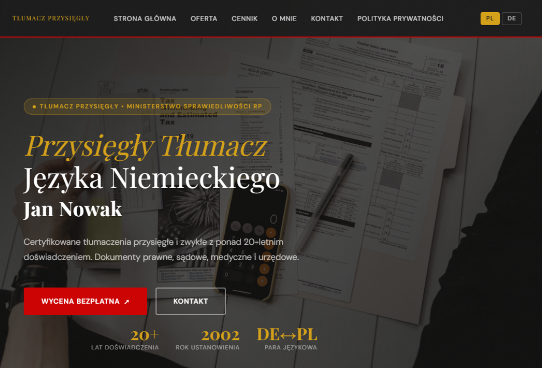 SDS Profesjonalne strony internetowe dla firm – Usługa Tłumacz – landing page z formularzem